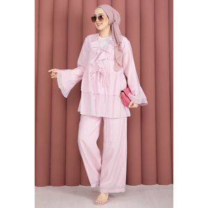 Conjunto de Kimono de Dos Piezas en Crepé Rosa Estilo Bohemio, Talla XS, con Cordones Delanteros y Mangas con Volantes para Primavera/Verano/Otoño - Product Image 3