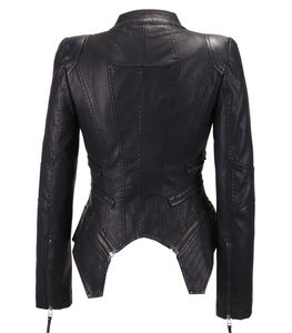 Chaqueta de motorista de moda de Invierno para mujer, cuero genuino, detalle de tachuelas, cuello levantado, cierre de cremallera, patrón sólido, forma perfecta - Product Image 4