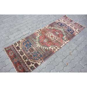 Turkish Vintage <b>Runner</b> Rug 2.3x6.5 ft, <b>Red</b> Blue Polka dot Wool Rug - Product Image 3