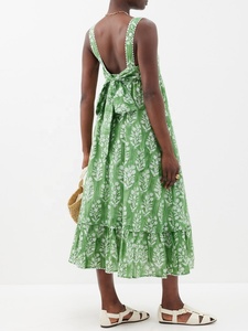 Vestido Midi de Algodón Jersey Transpirable con Estampado Floral Verde, Cuello Cuadrado, Corte A, Sin Mangas, Estilo Casual Prairie Chic de Verano con Volantes y Cintura Imperio - Product Image 2