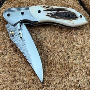 Navaja de Bolsillo Plegable Hecha a Mano con Acero D2 Forjado, Mango de Cuerno de Ciervo, Funda de Cuero, OEM Disponible, para Uso Diario - Product Image 2