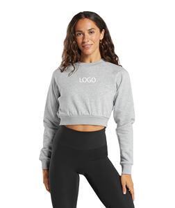 Women's Custom Logo Cropped Sweatshirt with Fleece <b>Crewneck</b> Pullover Raglan Sleeves Wholesale Activewear for Fitness & Lifestyle - Product Image 1