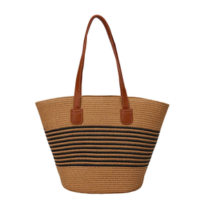 Women's Vintage Zipper Design <b>Straw</b> Shoulder <b>Bag</b> with Leather Handles Fashionable & Portable for Summer & Spring for Beach Use - Product Image 1