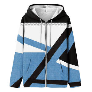Sudadera Moderna con Estampado Étnico para Invierno, Azul Cobalto y Blanco en Contraste, Cierre de Cremallera, Diseño Geométrico, Felpa Suave en la Parte Delantera, Ropa de Invierno para Mujer - Product Image 1