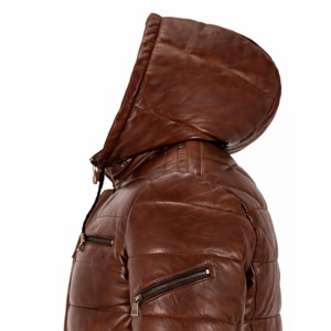 Blouson matelassé en cuir marron pour homme avec capuche, manteau d'hiver chaud, fermeture éclair sur le devant et plusieurs poches - Product Image 4