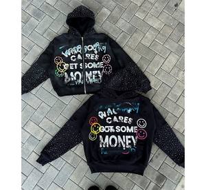 เสื้อสเวตเชิ้ตสตรีทแวร์แบบมีคริสตัลสำหรับผู้ชายและผู้หญิง ราคาโรงงาน เสื้อฮู้ดดี้คริสตัลแบบ unisex ทรงโอเวอร์ไซส์ สไตล์สตรีท - Product Image 1