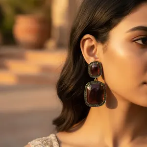 ต่างหูห้อยประดับพลอยทับทิมชุบทองทันสมัยสำหรับผู้หญิง ต่างหูสแตนเลสประดับควอตซ์สำหรับงานปาร์ตี้ - Product Image 2