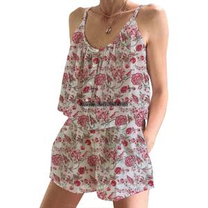 Conjunto de Pijama Corto con Mangas con Volantes Estilo Boho Hippie para Mujer, Algodón Indio, Primavera/Verano, Floral, Ajustado, con Tirantes, Sin Mangas - Product Image 6