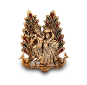 Nouvel arrivage de Statue de Radha Krishna en métal, laiton, plaqué or, Design Pankh, pour la décoration de la maison et l'article cadeau de mariage - Product Image 1