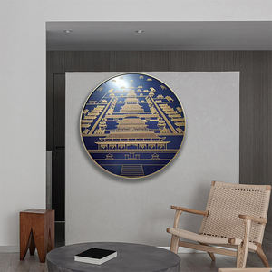 Decorazione circolare della parete a tema antico edificio cinese blu e <span class=keywords><strong>oro</strong></span> | Pannello intricato in metallo - Product Image 4