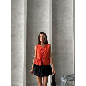 Blusa Naranja con Lazo Delantero y Delicado Patrón de Encaje para Mujer Topshow - Blusa Casual de Verano 100% Mezcla de Algodón y Lino para Damas - Product Image 3