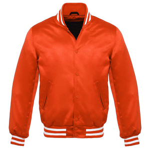 Chaqueta Bomber Clásica de Satén para Hombre, Colección Plateada, Naranja y Blanca, Ribete a Rayas, Botones a Presión, Estilo Deportivo Letterman - Product Image 3