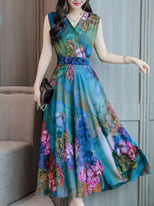 Vibrant <b>Romantic</b> Multi Color Wrap Tea-Length A-Line <b>Dress</b> Contrast Chiffon Sleeveless V-Neck Floral Breathable <b>Dress</b> - Product Image 2