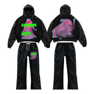 Ensemble survêtement homme décontracté surdimensionné en molleton bouclette vintage délavé à l'acide, avec pantalon évasé, imprimés hivernaux et strass, séchage rapide - Product Image 1