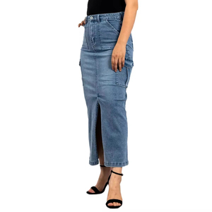 Hot Sale Low Price Wholesale Denim Skirt Women Simple Straight 100% Cotton Vintage Acid Wash Faded Long Denim Skirt - Product Image 3