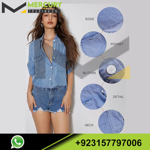 Chemises et shorts en jean pour femmes Tops boutonnés Chemise décontractée et ensemble court Ensembles denim vente chaude - Product Image 5