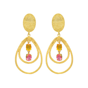 New Arrival Gold Plated Unique Design Dangle Earrings with pink Quartz Gemstone Brass Earrings - Product Image 1