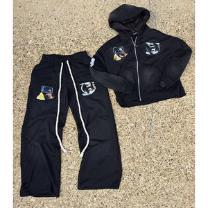 Ropa de calle Trajes de sudor lavados con ácido Cremallera Sudaderas con capucha recortadas Conjunto de chándal Pantalones de chándal vintage y conjunto de Sudadera con capucha para hombres - Product Image 4