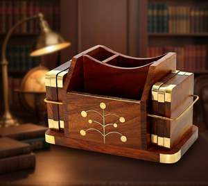Wooden Desk Organizer with Pen Holder & Business Card Stand Premium Office <b>Desktop</b> Storage - Product Image 4