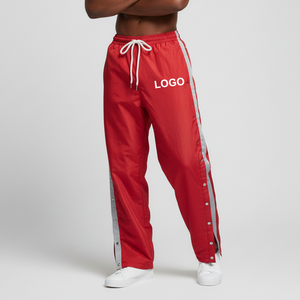 Custom Logo <b>Red</b> Tear-Away Track Casual <b>Men's</b> Pants Snap Button Side Stripes Adjustable Waist Drawstring Breathable Canvas Washed - Product Image 3