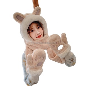 New Korean Version Winter Warm Three-Piece Set Small Rabbit Ears Hat Scarf <b>Gloves</b> with Dot and Bow Patterns for Beach Scenes - Product Image 2