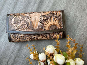 New Fashion Hand Tooled Leather Saddle <b>Blanket</b> Tassel Handbag Stylish Hand Carving Leather Floral Wallet Combo Set for Women's - Product Image 3