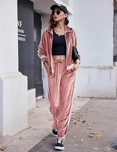 Survêtement en velours pour femme-Ensemble de salon 2 pièces avec sweat-shirt et pantalon de survêtement, tenue en velours zippée avec poches pour tenue décontractée - Product Image 3
