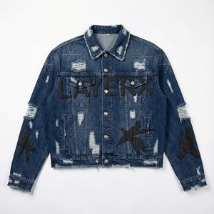 Custom Heavyweight Blue Denim <b>Jacket</b> <b>Men</b> Distressed Ripped Puff Print Rhinestone Star Boxy Fit Vintage Wash <b>Sherpa</b> Letter - Product Image 1