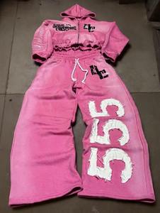 Survêtements OEM, design personnalisé, broderie usée, imprimé délavé au soleil avec des strass, sweat-shirt court et pantalon évasé, survêtement d'hiver - Product Image 4