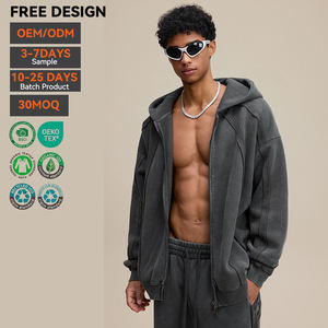 Sudadera con capucha para hombre OEM al por mayor, estilo streetwear, con cremallera, de algodón con lavado ácido y efecto desgastado por el sol, oversize, con gráfico bordado y logotipo personalizado - Product Image 3