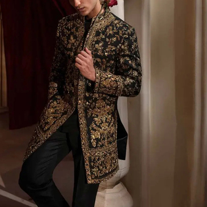 TRENDY--DESIGN DE BRODERIE ZARI LOURDE SUR ROBE SHERWANI NOIR AVEC PANTALON pour FÊTE/MARIAGE @ 2024 - Product Image 1