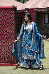 New Zain Exports Coloured Embroidered Attractive Reversible All Seasons Party Wear Chinon <b>Silk</b> <b>Fabric</b> Kurti Pair Regular Fit - Product Image 2