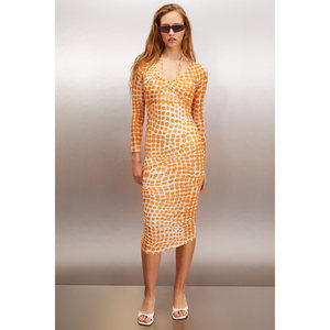 ETHIQUET ANATOLA Vestido de mujer con cuello halter y lazo, de tela de tul con estampado de lunares - Product Image 4