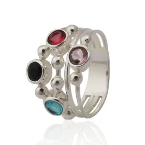 Vintage silver plated layered ring handmade multi tiny gemstone stylish ring statement rings for women bohemian jewelry gifts