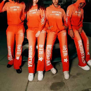 Ensemble sweat-shirt et pantalon de survêtement unisexe en coton d'hiver écologique vintage délavé à l'acide avec fermeture éclair et coupe évasée, impression sérigraphique personnalisée du logo - Product Image 2