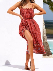 Red Boho Floral Chiffon Midi Dress <b>Spaghetti</b> <b>Strap</b> High Slit Asymmetrical Hem Loose Fit Summer Casual Women's Rajasthan - Product Image 5