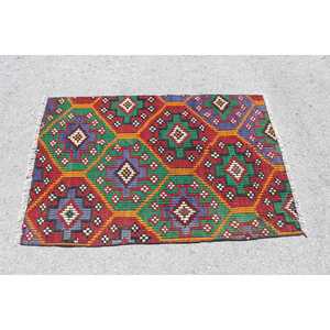 Tapis turc, petit tapis vintage 2,9x4,4 pieds, tapis marocain rouge et bleu Kilim - Product Image 3
