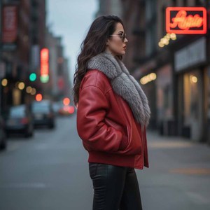 แจ็คเก็ตหนังบอมเบอร์สีพื้นสำหรับผู้หญิง พร้อมซิปและปกขนสุนัขจิ้งจอก สำหรับฤดูใบไม้ร่วง/ฤดูใบไม้ผลิ/ฤดูร้อน/ฤดูหนาว - Product Image 2