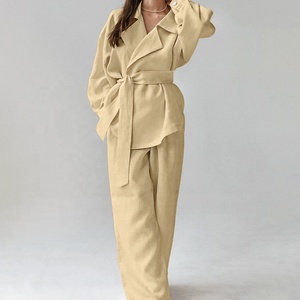 <span class=keywords><strong>Pantaloni</strong></span> Cargo e top per ragazze <span class=keywords><strong>pantaloni</strong></span> a zampa di elefante Casual stropicciato per adolescenti <span class=keywords><strong>pantaloni</strong></span> elastici di <span class=keywords><strong>lino</strong></span> formale - Product Image 2