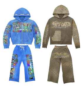 Acid Wash SweatSuits 100% algodón grueso Zip up apliques acampanados chándales sudaderas con capucha completos y pantalones de chándal conjuntos para M - Product Image 1