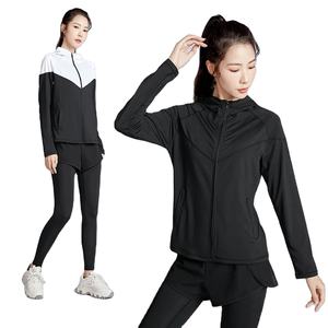 Abrigo de mujer Fitness Yoga deporte protección solar diseño con capucha bolsillo con cremallera diseño empalmado ligero cómodo abrigo de tela elástica - Product Image 3