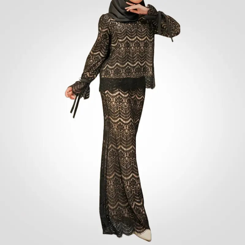 SIPO Eid 2024 Kurung Modernes Spitzen-Muslimkleid Meerjungfrauen-Roch traditionelle muslimische Kleidung Rüschenmanschette mit Bändern Baju Kurung