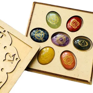 Factory Price Natural 7 Chakra Oval Set Engraved Disk Set With Box For Healing And Meditation From India