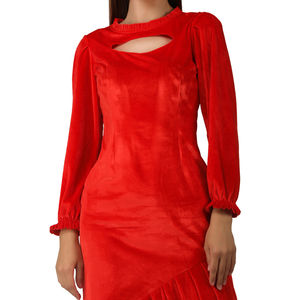 Elegante vestido Midi recortado con patrón de terciopelo Vintage para mujer, manga larga recta con dobladillo con volantes para fiesta de noche, ropa Formal - Product Image 5