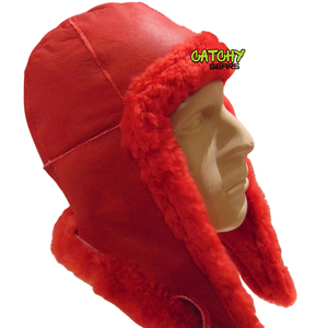 Gorro de Aviador de Piel de Oveja Roja Hecho a Mano, Piel de Oveja Genuina, Cálido, Unisex, para Invierno - Product Image 2