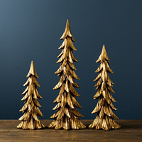 Juego de Árboles de Navidad Hechos a Mano con Purpurina Dorada, Base de Madera, Decoración Festiva Moderna para Mesa