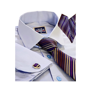 Blue Slim Fit Shirt with Brown Tie & <b>Pocket</b> <b>Square</b> 4-Piece Formal Gift Set in Box Double Cuff with Cufflinks - Product Image 1