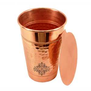 Vaso de Vidrio Hecho a Mano de 400 ml con Posavasos, Tapa de Cobre Puro, Diseño de 2 Anillos Martillados, Ideal para Regalos - Product Image 4