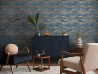 Papel Tapiz Vinílico Geométrico Moderno Hecho en Alemania, en Rollo, Azul Dorado Metálico, Resistente a la Luz y al Moho, para Cocina y Baño