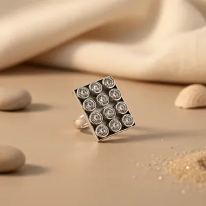 Rhodium Plated 925 <b>Silver</b> Cluster <b>Ring</b> With Round Crystal Pave Setting Geometric Design Unisex Classic Style - Product Image 2